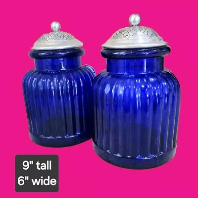 Vintage Cobalt Blue Ribbed Glass Apothecary Jar Canister With Floral Pewter Lid • $55