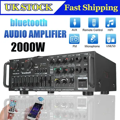 2000W Bluetooth Stereo Amplifier HIFI 2CH Tuner Remote Control USB SD Mic Input • £39.80