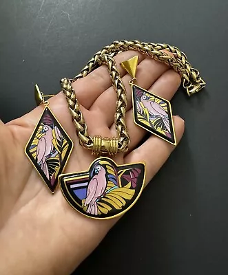 Vintage Michaela Frey Enamel Art Deco Fan Pendant PARROTS Necklace/Earrings Set • $250