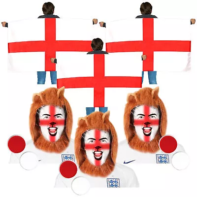 3 Lions Fancy Dress Mens England Football Supporter Lion Costume Mane Flag Cape • £29.99