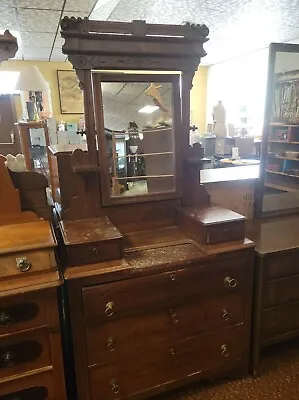 Antique 1890s Ornate Carved SOLID Eastlake 5 Drawer Dresser Mirror With Keys #2 • $425