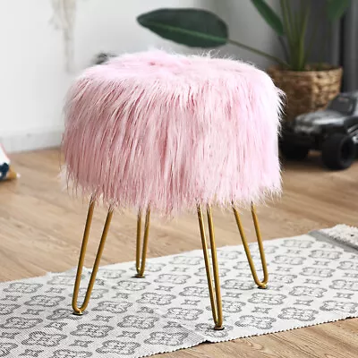 Giantex Round Ottoman Faux Fur Vanity Stool Makeup Chair Padded Seat Pink/White • $65.95