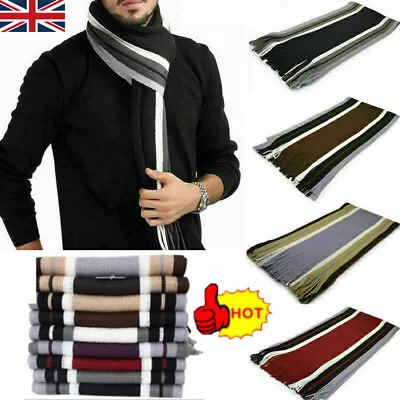Mens Cashmere Striped Scarf Winter Soft Fringe Tassel Long Shawl Stole Neck Wrap • £6.45