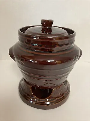 Vtg Marcrest  Stoneware Daisy Dot Bean Pot With Warming Stand • $45