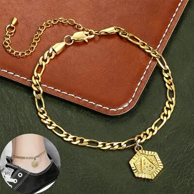 5mm Figaro Hexagon Initial Letter Charm Anklet Bracelet Gold Plated Foot Chain • $8.49