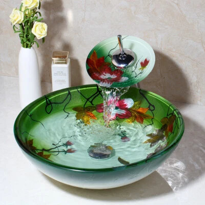 £49.98 • Buy GB Hand Paint Round Tempered Glass Wash Basin & Waterfall Spout Faucet Overmount