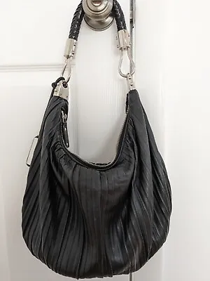 Michael Kors Collection Skorpios Black Pleated Crescent Leather Hobo Bag • $250