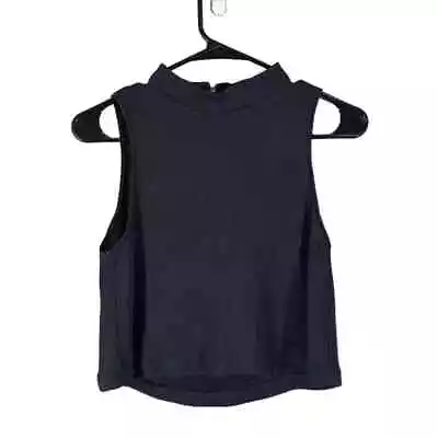 Zara Navy Blue Zipper Back Ribbed Sleeveless Mock Neck Crop Blouse Women Sz S • $25