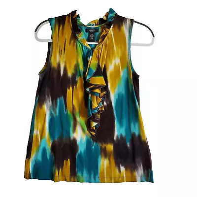 Alfani Petite Small Tank Top Blouse Blue Green Hidden Zipper Ruffle Front Mock • £19.27