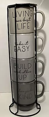 Leaf & Bean 14 Oz. Coffee Mugs Set Of 4 With Positive Messages Stackable In Rack • $49.95