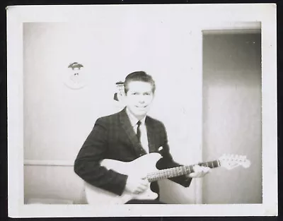 FOUND PHOTO Guitar Player Holding Fender Musicmaster? 1950s B&W Snapshot VTG • $5.99