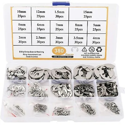 380Pcs Stainless E-Clip Circlip External Retaining Ring Assortment Set 14 Sizes • $16.65