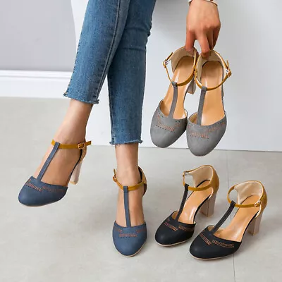 Ladies Block High Heels T-strap Pumps Mary Jane Round Toe Chunk Shoes Sandals • $30.55
