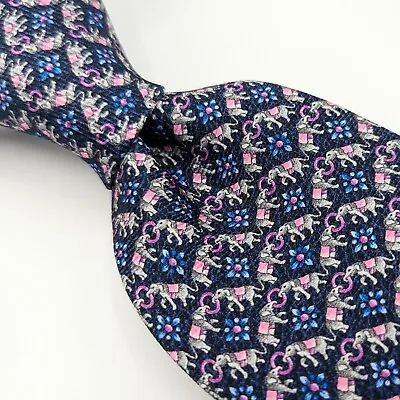 BVLGARI Navy Blue Gray Pink Elephant Floral Thick Silk Print Seven 7 Fold Tie • $74.99