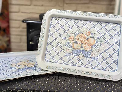 Set Of 2 Vintage Metal Folding Lap TV Tray Light Blue/Yellow Floral W/Plaid... • $20