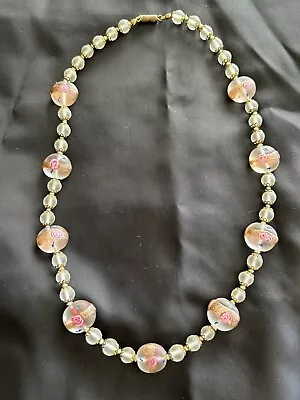 Authentic Venetian Murano Glass Pink Floral Bead 21” Long Necklace Excellent • $34.50