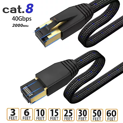 RJ45 Ethernet Cable CAT8 Flat Round Patch Lead Gaming High Speed 40Gbps 2000MHz • $19.94