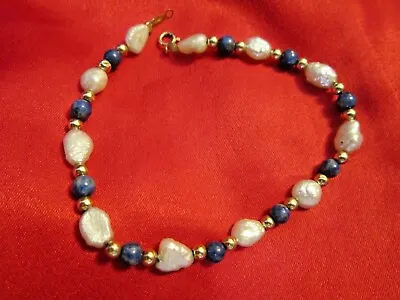 14K Gold ~ Bracelet ~ Baroque Pearls Lapis Lazuli & 14k Gold Beads ~ 7 ~ VTG • $58.53