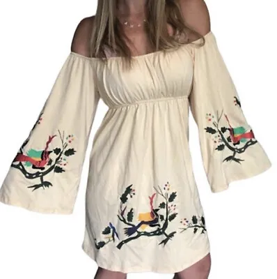 VaVa By Joy Han Dress Embroidered Floral Birds Off-Shoulder Dress Boho Size M • $22.47