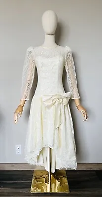 Vtg 80s Prom Bridesmaid Disco Weeding Dress Lace Puff Sleeve Drop Waist Sz S/M? • $39.99