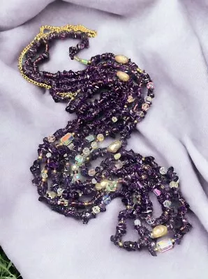 Vintage Amethyst Gemstone Crystal Beaded Three Strand Necklace 40” • $39