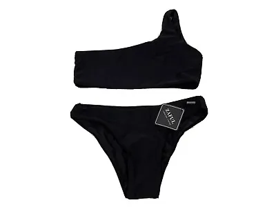 Zaful Women Two Piece Swimsuit One Shoulder Sexy Black Solid Soft Size 4 • £13.01