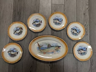 Antique Homer Laughlin Republic Fish Service Plates Set Of Seven Trout Carp • $200