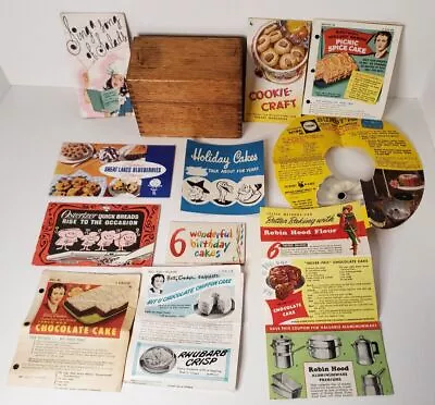 Vintage Oak Recipe Box With 12 Assorted Kitchen Recipe Advertisements • $19.99