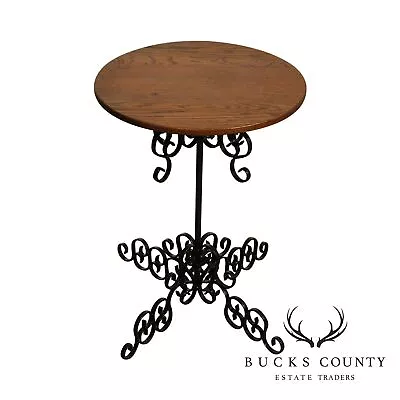 Vintage Scrolled Wrought Iron Round Oak Top Pedestal Side Table • $435