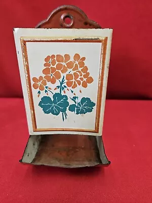 Vintage Tin Metal Match Box Holder Wall Mount Floral Rustic Decor RED FLOWERS • $7.99
