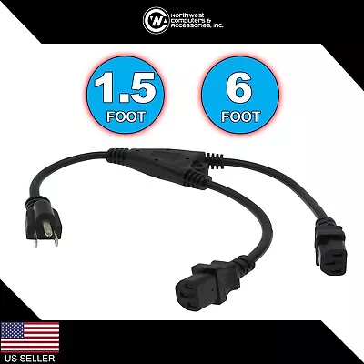 1ft 6ft Y Power Cord 5-15P To (2) C-13 Black SJT 18/3 Extension Splitter Cable • $8.99