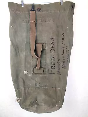 Vintage US Military Army Drab Green Large  Canvas Duffel Bag Rucksack ID'd 4874 • $35