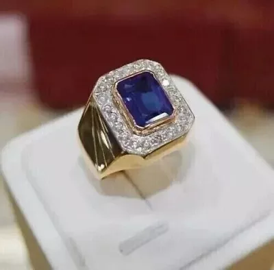 Lab-Created Blue Sapphire 2 CT Emerald Cut Men Pinky Ring 14K Yellow Gold Plated • $196.99