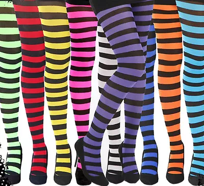 Striped Opaque Tights Footless  Colours Fancy Dress Gothic Punk  Dance Fast Post • £9.89