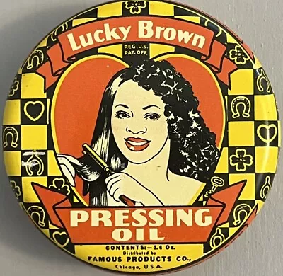 Vintage Tin African American Woman Graphic Lucky Brown Pressing Oil Hair 1930's • $20