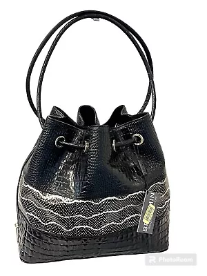 NWT Brahmin Trina Black Mandana Drawstring Bucket Handbag • £141.91