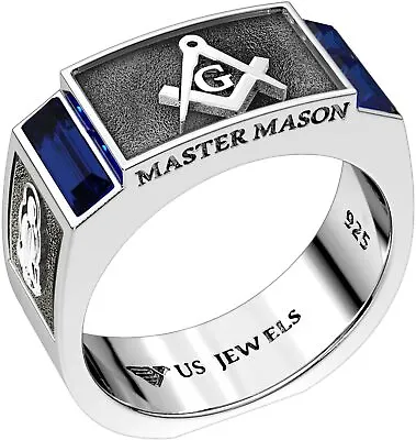 US Jewels Men's 925 Sterling Silver 8mm Master Mason Synthetic Sapphire Ring • $149.99