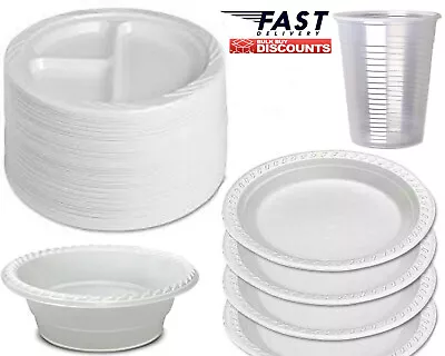 Strong Disposable Plastic Plates Bowls White Round Plate For Party Catering • £6.99