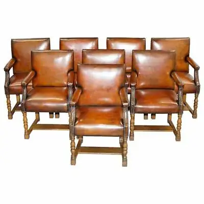 8 Howard & Son's Stamped Circa 1900 Brown Leather Carver Gainsborough Armchairs • £20000