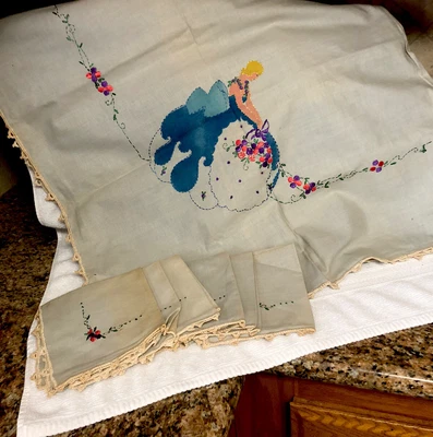 $10 • Buy Set Of 1 Hand Embroidered Tablecloth 6 Napkins Cross Stitch Cotton Vintage