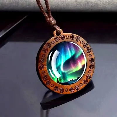 Aurora Northern Light Glass Wood Pendant Necklace  Men Women Unique Jewelry Gift • $15.98