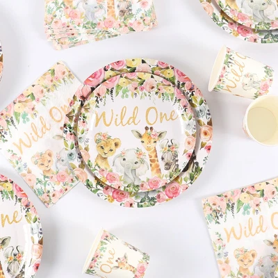 £14.59 • Buy 51Pcs Jungle Animal Wild One Tableware Tropical Pink 1st Birthday Party Supply