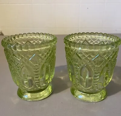 Vintage Lime Green Footed Pressed Glass Toothpick Candle Holders (2) • $12.96
