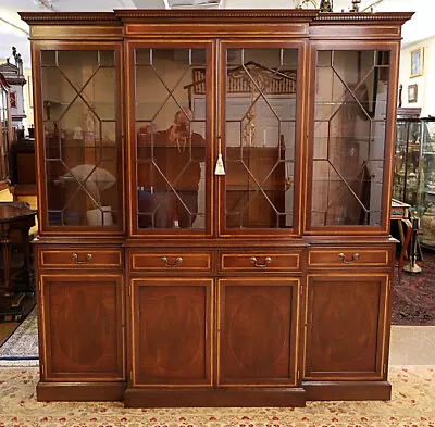 Gorgeous English George II Style Mahogany Inlaid Bookcase Breakfront • $2800