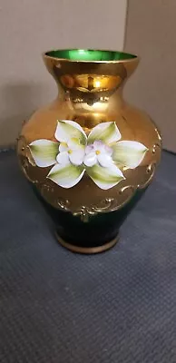 Czech Bohemian Green Glass Hand Painted Floral Vase With Gold Trim (3Z) • $29.99