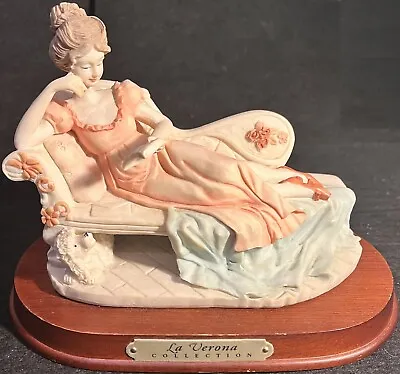 Vintage La Verona Figurine Reclining Lady Reading Chaise Lounge With Dog On Base • $34.99