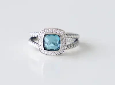 David Yurman Silver 7mm Albion Ring Hampton Blue Topaz With Diamonds Size 7.5 • $290