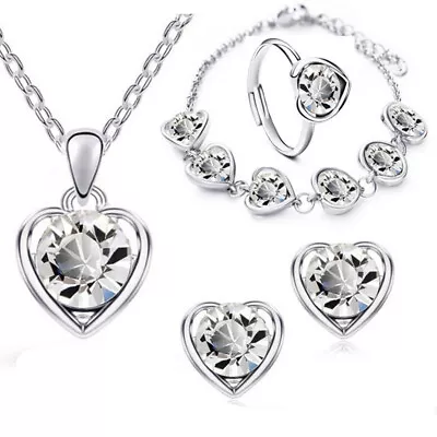 £4.58 • Buy Luxury 925 Silver Necklace Earring Ring Bracelet Women Heart Crystal Jewelry Set