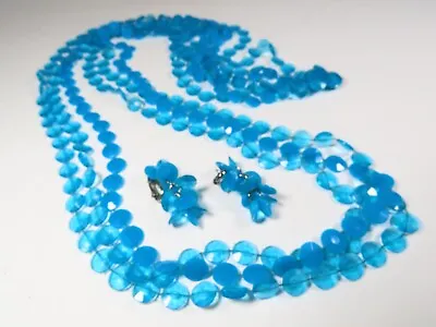 Vintage Lucite Blue Beaded Necklace Earrings Set Clip  C4801 • $9.55