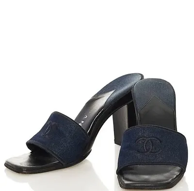 VINTAGE CHANEL Denim & Leather Mules -Navy Black Heels -CC Logo Embroidered • $350